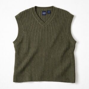GAP Sweater Vest XL extra large Green Cotton Knit V Neck Oversized Preppy